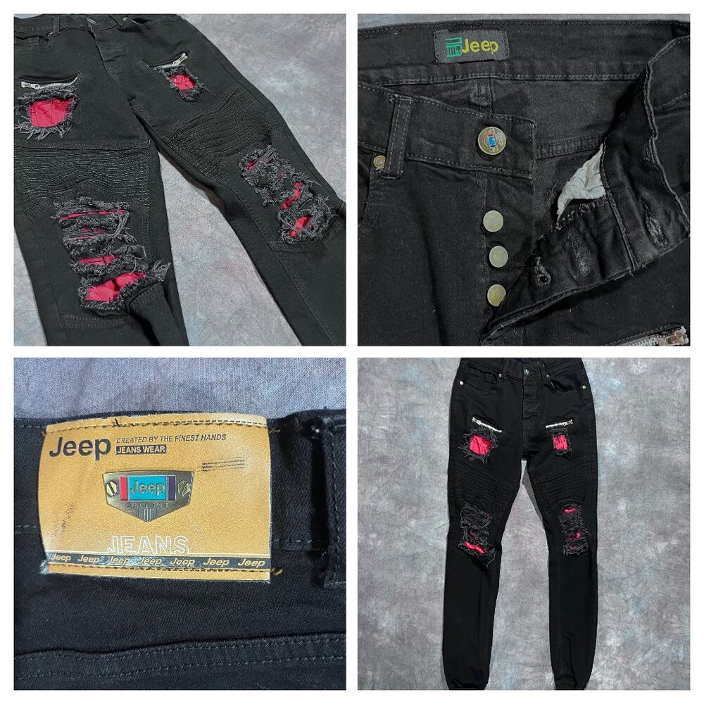 Jeep Jeans Distressed Denim Pants Black Red Button-Fly Cinch Hem W28 L29.5